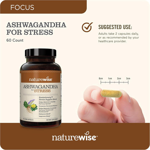 NatureWise Ashwagandha for Stress with KSM-66 Extract + GABA + L-Theanine + Rhodiola Rosea, 60 Capsules