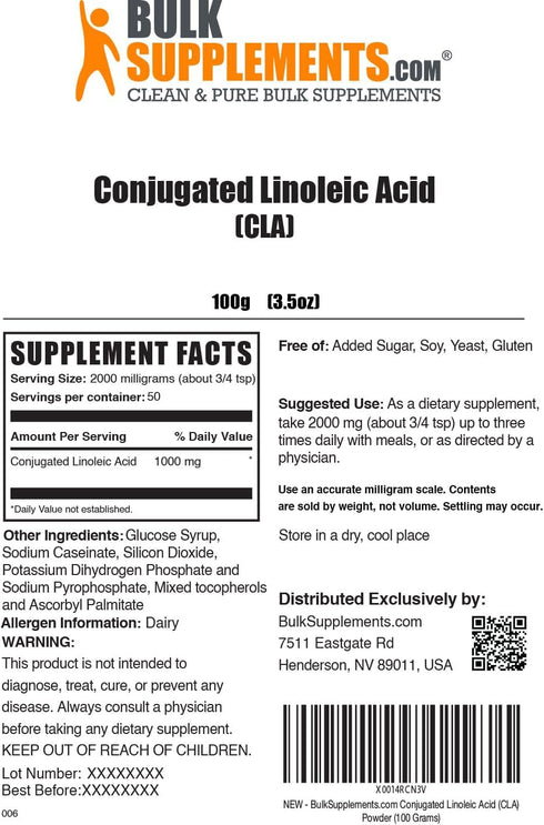 BulkSupplements.com Conjugated Linoleic Acid Powder - CLA Supplements, Gluten Free, 2000mg per Serving, 100g