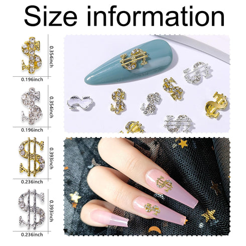 SILPECWEE 20pcs Alloy Money Dollar Nail Charms, 3D Silver & Gold Dollar Sign Rhinestones Nail Art Charms for Women Nail