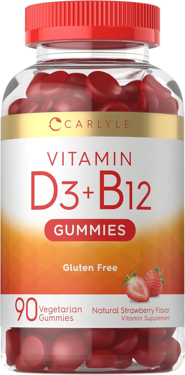 Carlyle Vitamin D3 + B12 Complex Gummies | 90 Count | Vegetarian, Non-GMO, Gluten Free | Strawberry Flavor Supplement