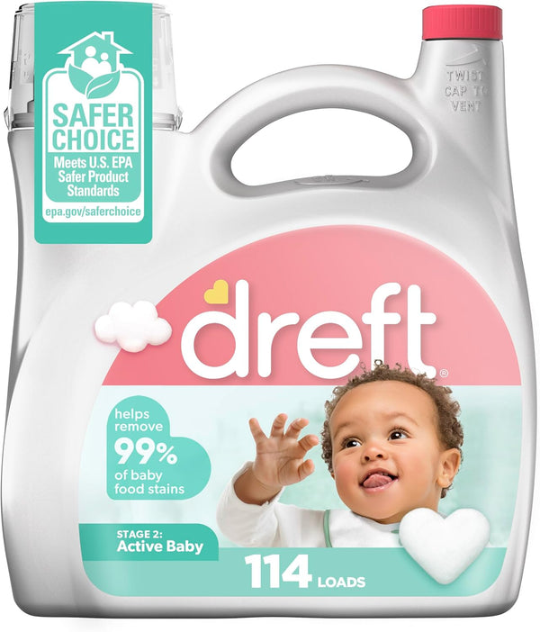 Dreft Stage 2 Active Baby Liquid Laundry Detergent, Hypoallergenic, Helps Remove 99% of Baby Food Stains, 114 Loads