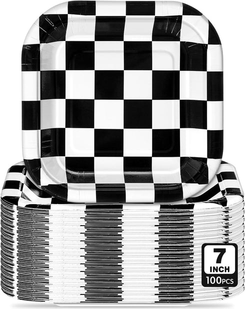 100 Pcs Black and White Checkered Dessert Plates, 7 x 7 Inch Disposable Square Paper Plates for Birthday and Baby