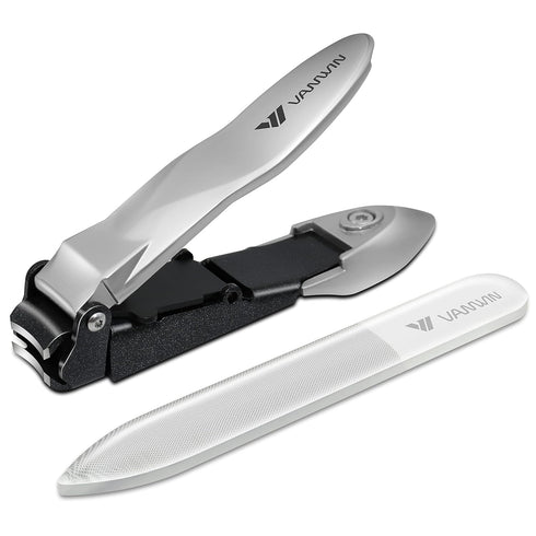 Nail Clippers with Catcher, No Splash Fingernail Toenail Clippers with Sharp Curved Blade and Glass Nail File