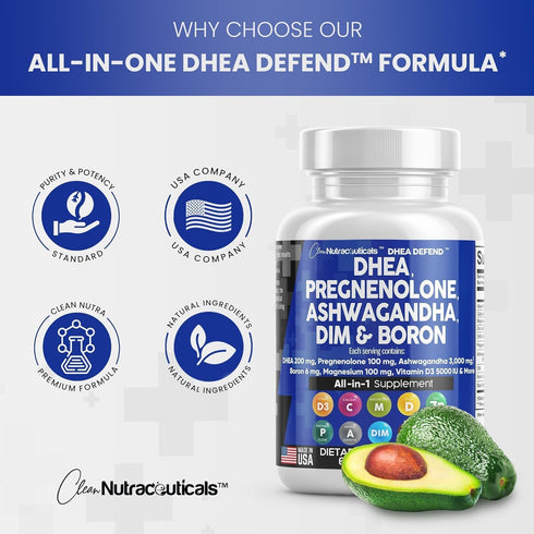 DHEA 200mg Supplement - 60 Ct - Pregnenolone 100mg for Men & Women with DIM, Ashwagandha 3000mg, Boron, Calcium,