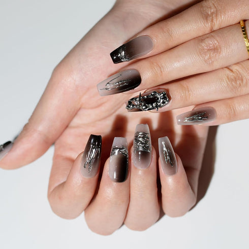 Medium Coffin Press on Nails, Handmade Ombre Black Glitter 3D Chrome False Nails with Glue for Women Girls 10pcs/Box