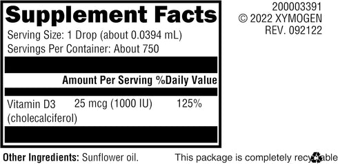XYMOGEN D3 Liquid Vitamin D Drops 1000 IU per Drop - Supports Immune Health, Bone + Heart Health - Micro-Emulsified (1