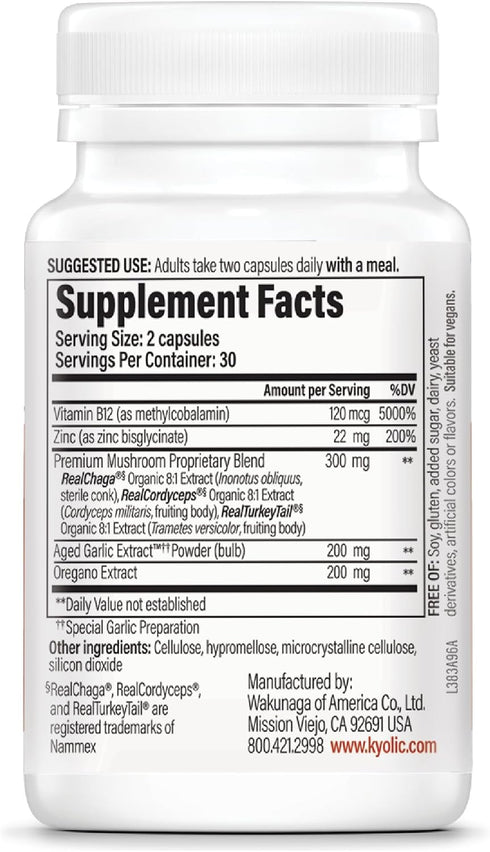 Immune 60 Kyolic Mushrooms+ - Mushroom & Herbal Dietary Supplement - Wellness & Energy Support* - Chaga, Cordyceps