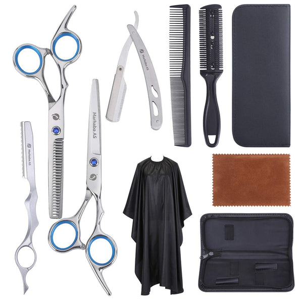 Professional Hair Cutting Scissors Kit - 10 Piece Barber Set with Thinning Shears, Stainless Steel, Cape, Razor