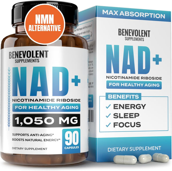 Benevolent NAD+ Supplement 1050mg, High Absorption Cell Regenerator with Trans-Resveratrol & TMG, 90 Capsules