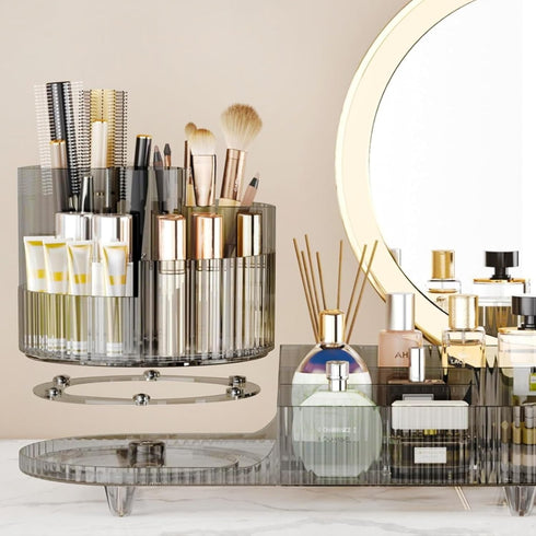 Rotating Makeup Organizer for Vanity - Large Spinning Cosmetic Storage with Brush Holder for Makeup, Skincare, Perfume