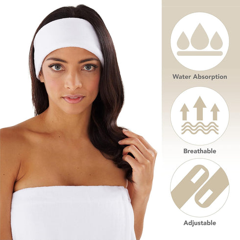 Boca Terry Makeup Headband, Adjustable Cotton Terry Cloth Headbands for Women's Face Wash and Skincare, 3-Pack, White