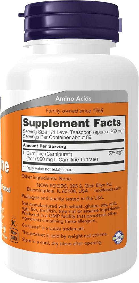 NOW Foods Supplements L-Carnitine Pure Powder, 3-Ounce, Boosts Cellular Energy, Amino Acid