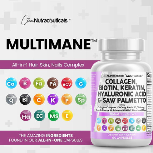 Hair Skin and Nails Vitamins - Collagen Pills 1000mg, Biotin 10000mcg, Keratin 2500mg, DHT Blocker, 90 Count