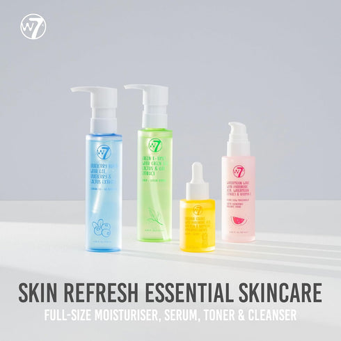 W7 Skin Refresh Essential Full Size Skin Care Set - 4 Step Daily Routine - Moisturizer, Cleansing Gel, Toner and Serum for Natural Beautiful Skin
