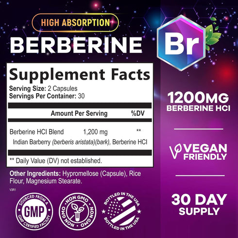 Berberine Supplement 1200mg, High Absorption Berberine Supplements Heart Health & Immune Support Berberine Supplement - Berberine HCL Supplement Pills, Gluten-Free Berberine HCI - 60 Veggie Capsules