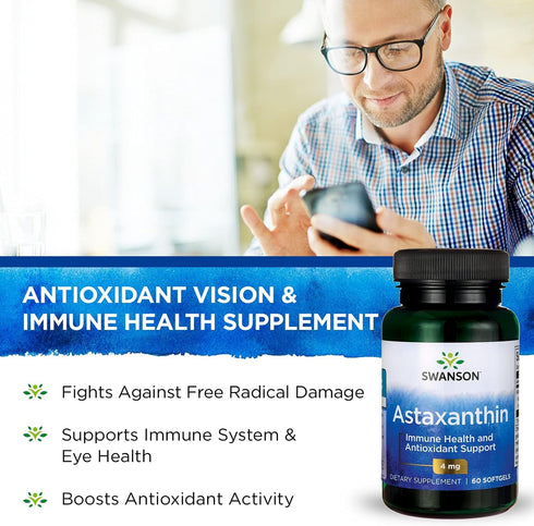 Swanson Astaxanthin Supplement, 60 Softgels (4 mg) for Eye, Vision, Brain, and Skin Health