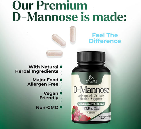 D-Mannose Supplement 1,350 mg with Cranberry & Hibiscus, 120 Capsules for Bladder and Urinary Tract Health