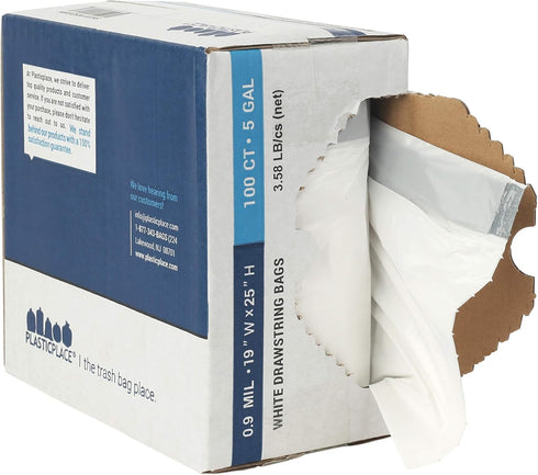 Plasticplace 5 Gallon White Trash Bag Liners, 0.9 Mil Thick, Sturdy Drawstring Placement, 19" X 25" (100 Count)