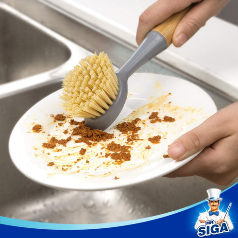 Pack 2 MR.SIGA Dish Brush with Bamboo Handle Built-in Scraper, Scrub Brush for Pans, Pots, Kitchen Sink Cleaning