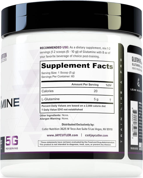 Cutler Essentials 100% Pure L-Glutamine for Enhanced Recovery, Lean Muscle Support | Unflavored, 60 Servings