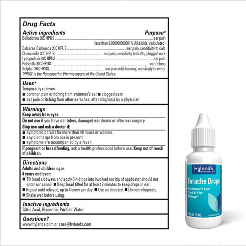 Hyland's Naturals Earache Drops, Natural Relief for Swimmer's Ear, Cold & Flu, Allergy Symptoms, Ages 4 & Up, 0.33 Fl Oz