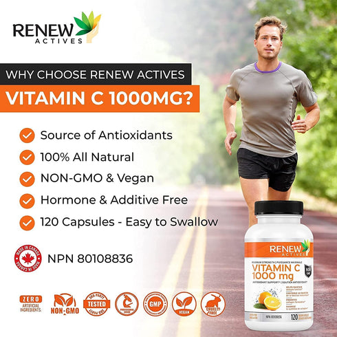 Renew Actives Maximum Strength Vitamin C 1000MG - Antioxidant & Immune Booster, Non-GMO, Sugar Free, 120 Vegan Capsules