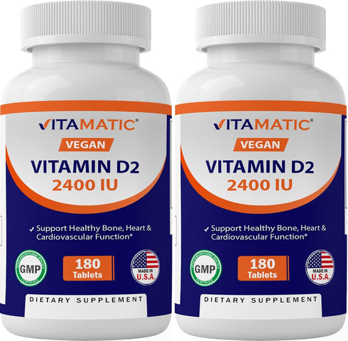 Vitamatic Vitamin D2 60 mcg (2400 IU) - Ergocalciferol, 180 Vegetarian Tablets (Pack of 1)