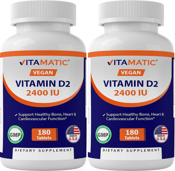 Vitamatic Vitamin D2 60 mcg (2400 IU) - Ergocalciferol, 180 Vegetarian Tablets (Pack of 1)