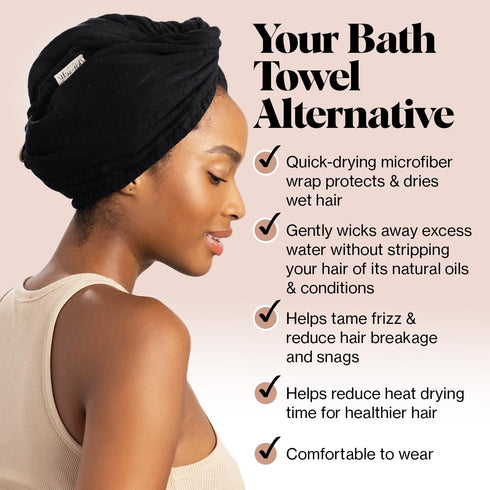 Kitsch Microfiber Hair Towel Wrap - Super Absorbent Quick Dry Towel for Long & Short Curly Hair - Black