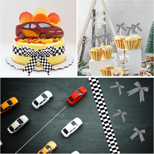 3 Rolls Checkered Printed Ribbon, 0.4, 0.87, 1.5 Inch Wide, 15 Yard Car Theme for DIY Crafts, Wreath Racing Party