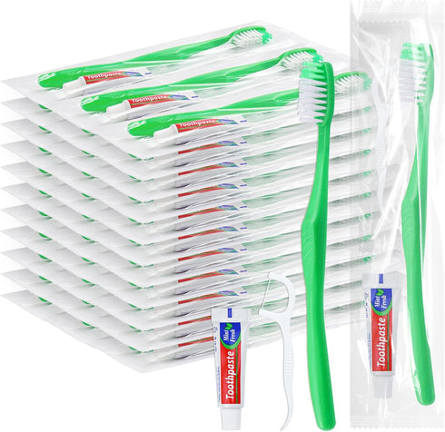 Disposable Toothbrushes with Toothpaste and Floss, 50Pcs Individually Wrapped Travel Toothbrushes and Dental Floss Kit
