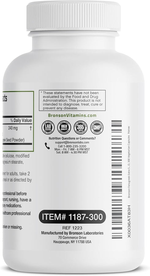 Bronson Fenugreek Seed Powder Capsules Extra Strength, Non-GMO, Vegetarian, 300 Capsules