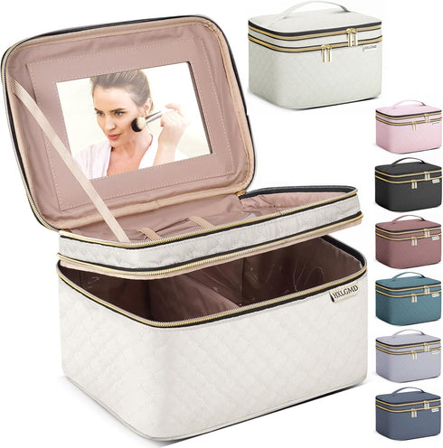 Large Makeup Bag with Mirror, Double Layer Travel Organizer Case, Large Capacity with Brush Slot Divider