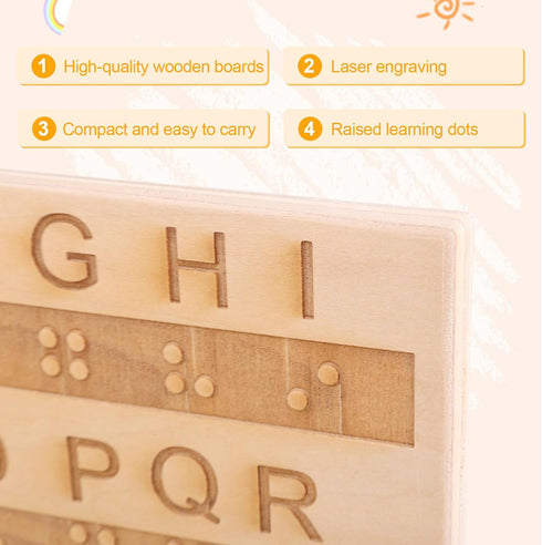 XIHIRCD 2pcs Braille Alphabet Board, Wooden Braille Fingerboard with Raised Dots & Engraved Letters & Numbers