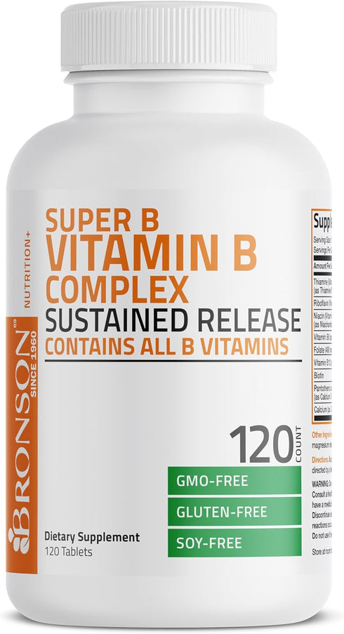 Bronson Super B Vitamin B Complex, 120 Tablets, Sustained Slow Release, Contains All B Vitamins
