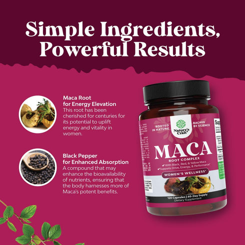 Organic Maca Root Capsules for Women - 120ct - Potent Herbal Supplement with Red Yellow & Black Maca Root