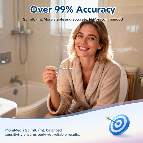 MomMed 25 99% 25 Pregnancy Test, HCG Pregnancy Test Strips for Early Detection, Over Accurate, Free Urine Cups, Bulk