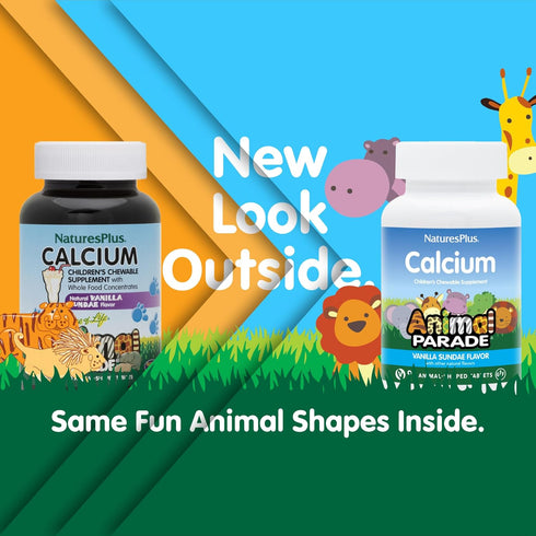 NaturesPlus Animal Parade Calcium, Vanilla Sundae Flavor - 90 Animal-Shaped Chewable Tablets, Promotes Healthy Bones