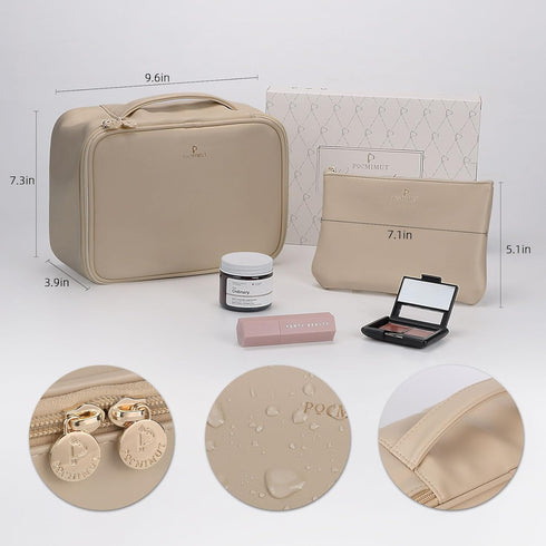 Pocmimut Travel Makeup Bag - Leather Cosmetic Organizer for Women, Large Makeup Bag with Brush Holder (Apricot)