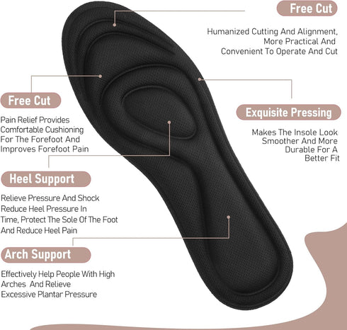 2 Pairs Memory Foam Insoles, Full-Foot Responsive Cushioning, Plantar Fasciitis Insoles for Women and Men