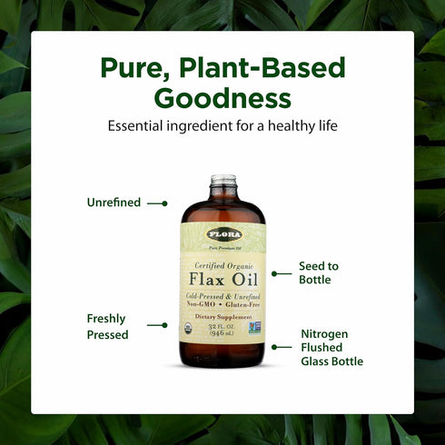 Omega-3 Omega-6 32 oz. Flora - Flax Oil - Cold-Pressed, Unrefined, Organic Flax Seed Oil - Contains & - Non-GMO