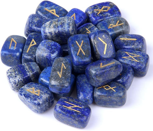 TGS Gems RN001 Lapis Lazuli Rune Stones Set, Engraved Pagan Lettering with Instruction Booklet