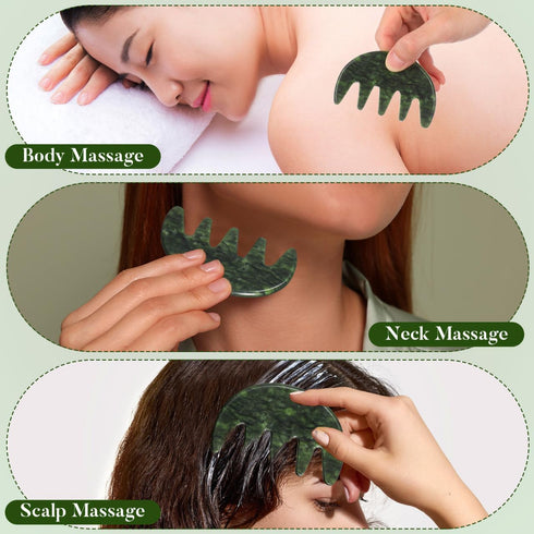 Healeved Green Jade Scalp Massage, Natural Gua Sha Comb for Head Relaxation, Wide Tooth Jade Comb for Blood