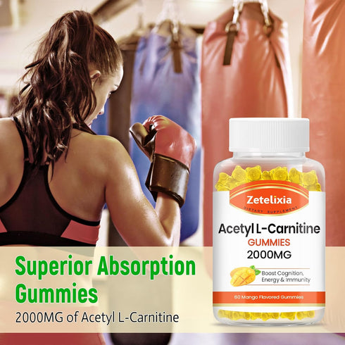 2000mg Acetyl L-Carnitine Gummies, Vegan Mango Flavor, Nutrition Supplement for Energy, Immunity & Metabolism, 60 Count