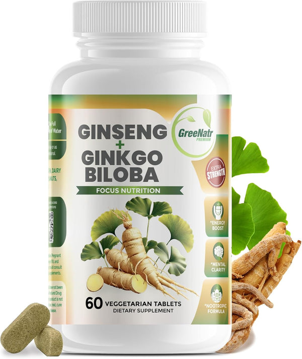 Ginkgo Biloba & Panax Ginseng Supplement, Red Ginseng Brain Supplement for Memory, 60 Tablets