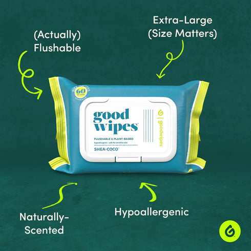 Goodwipes Flushable & Plant-Based Wipes with Botanicals | Dispenser for At-Home Use | Shea-Coco with Aloe Septic and Sewer Safe | 360 count (6 packs) - Biggest Adult Wipes