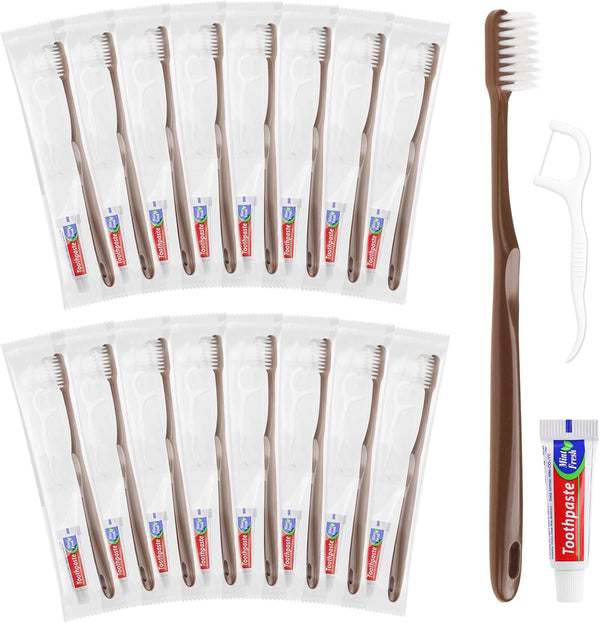 Disposable Toothbrushes with Toothpaste, Travel Toothbrush Kit, Individually Packaged, Brown, with Floss