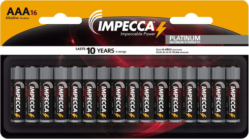 Impecca AAA Batteries High Performance Alkaline, Long Lasting Leak Resistant, LR3, Platinum Series, 16 Pack