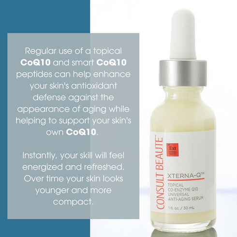 Q10 CoQ10 1 Oz. Consult Beaute XTERNA-Q COEnzyme Anti-Aging Serum for Face and Neck, Smoothing Peptides, Bergamot Fruit