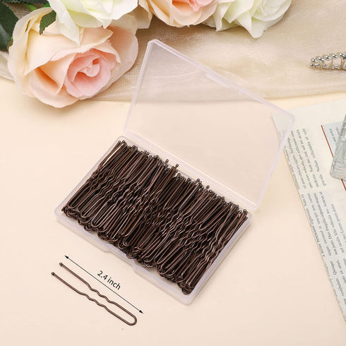 U Shaped Hair Pins, 200 Count Buns Waved Hair Pins for Updos with Box for Women (Brown, 2.4 Inch)